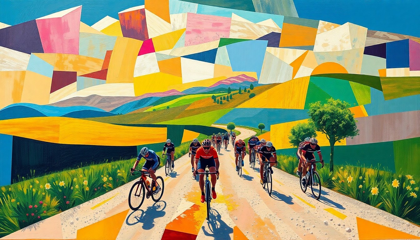 A cubist-inspired painting depicting the Strade Bianche race in a fractured, geometric style, with overlapping planes of color representing the cyclists, roads, and landscape, capturing the energy and movement of the event.