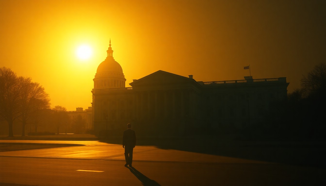 A serene, painterly scene depicting a lone government building or political figure in a warm, golden light, evoking a sense of contemplation and the weight of economic decisions.