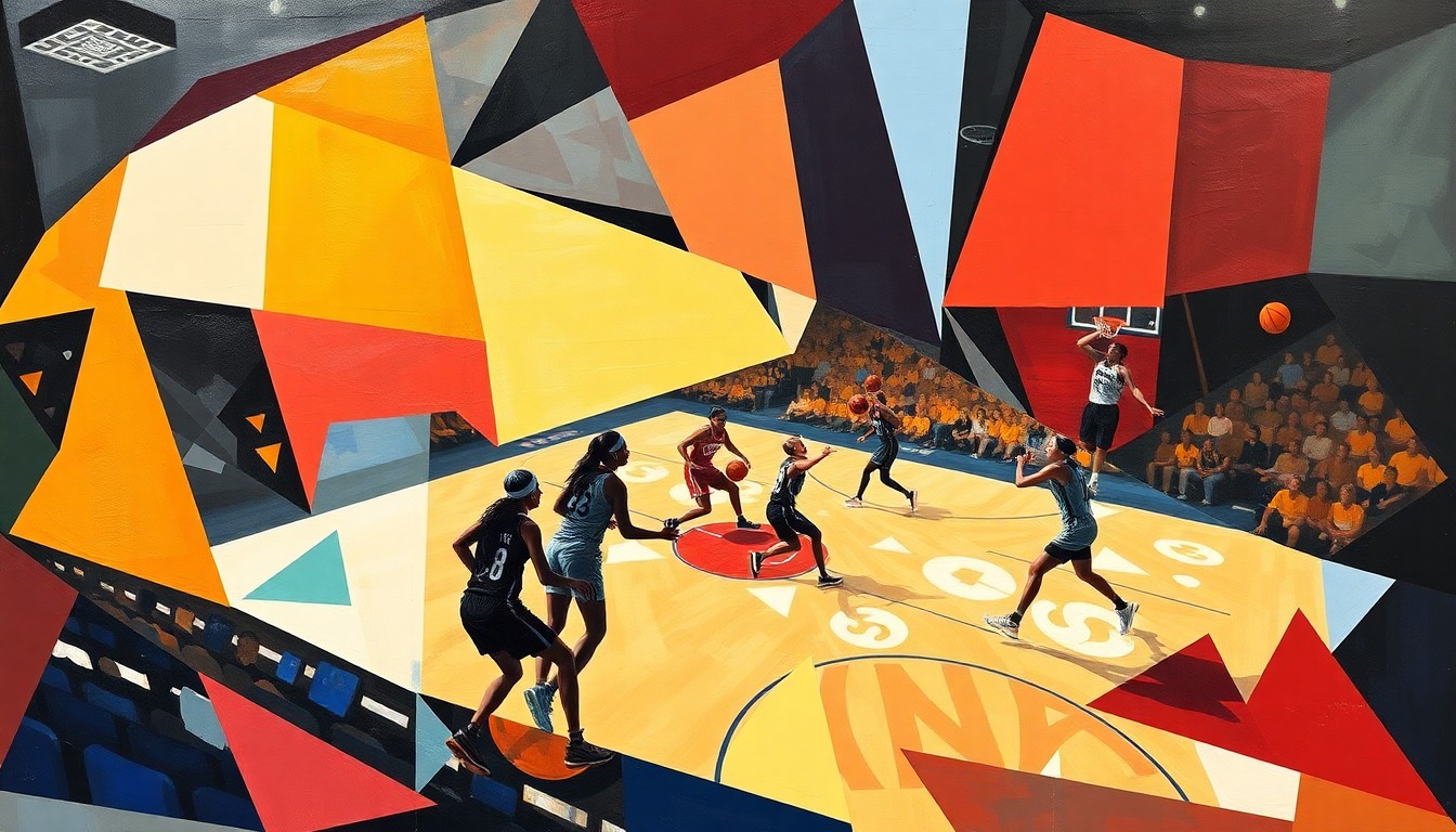A cubist, geometric painting depicting the dynamic movement and energy of a WNBA basketball game, with the players' forms broken down into abstract shapes and planes of vibrant colors.