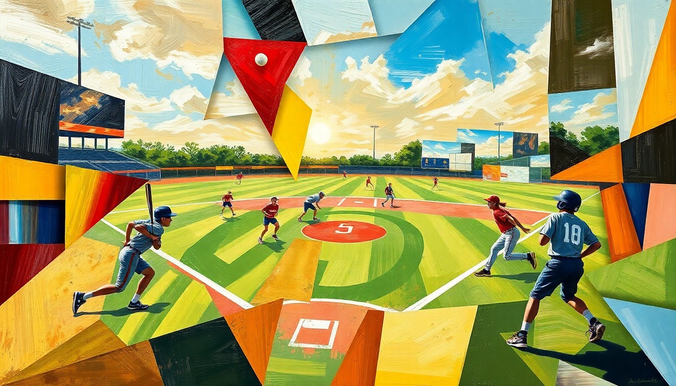 A cubist-style painting depicting a high school softball game, with the players, field, and action broken down into sharp, overlapping geometric shapes and planes, conveying the dynamic energy of the sport.
