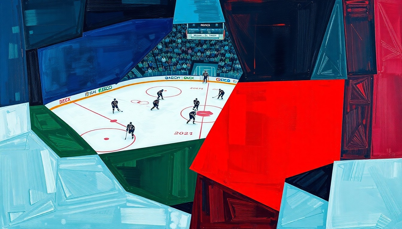 A cubist, geometric painting depicting a hockey rink and players broken down into sharp, overlapping planes of navy, green, and red, conveying the evolving, data-driven approach to modern NHL team-building.