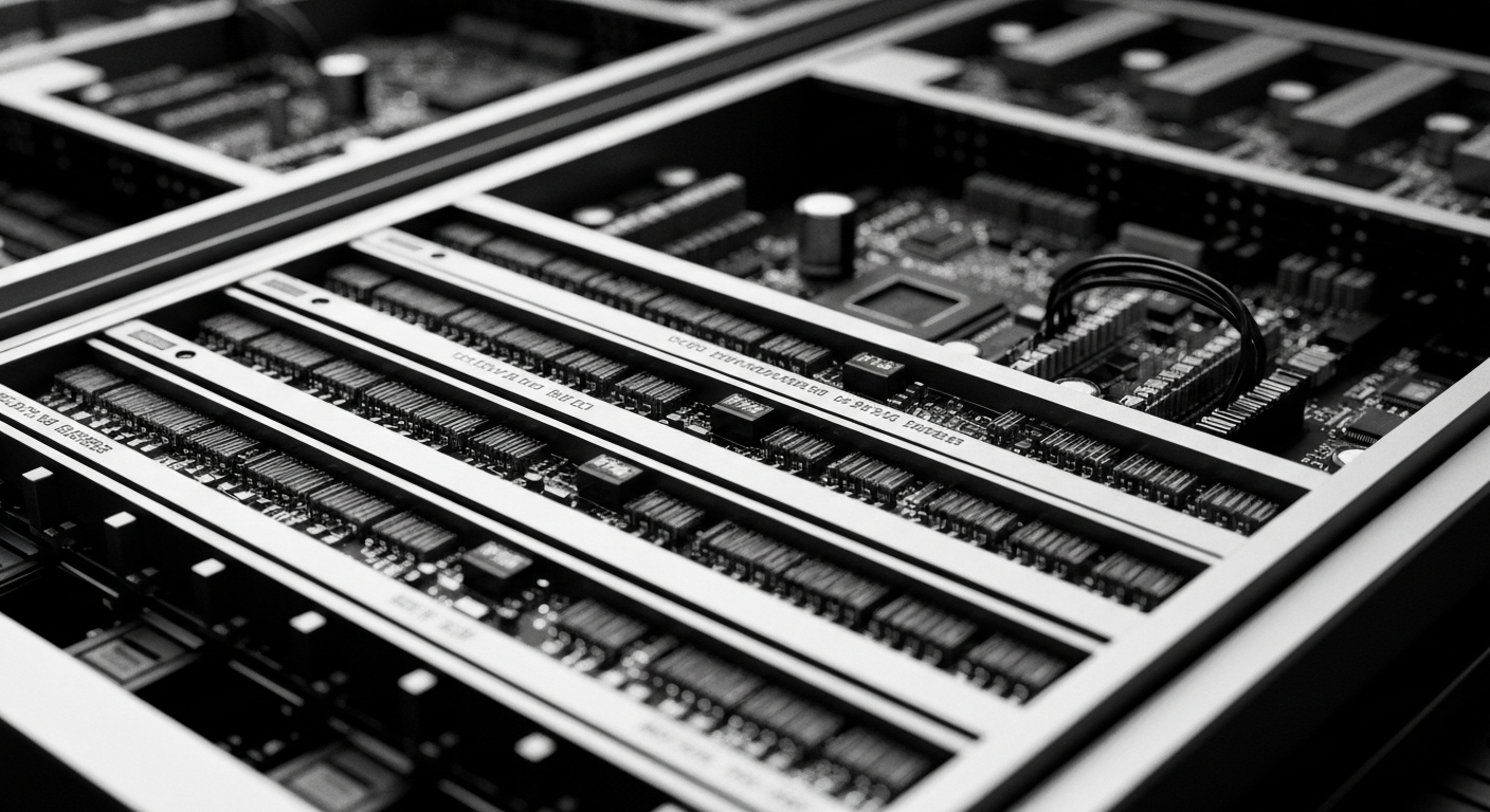 A high-contrast, cinematic close-up of various industrial financial machinery and equipment, representing the complex systems and infrastructure underlying stock market activity.