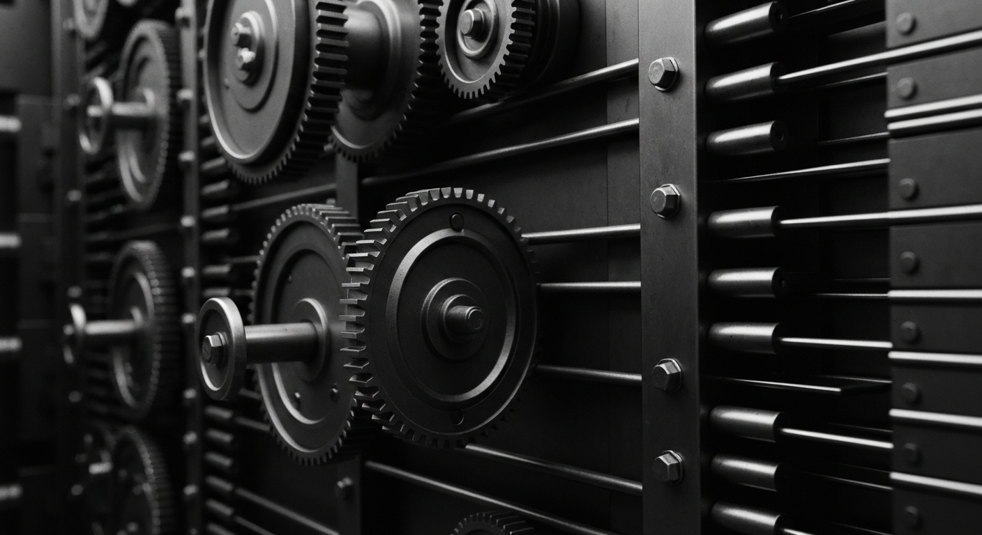 A high-contrast black and white close-up of the gears, levers, and mechanisms of a heavy, industrial-scale bank vault or safe deposit box system, conveying a sense of the tangible weight and security of financial assets.