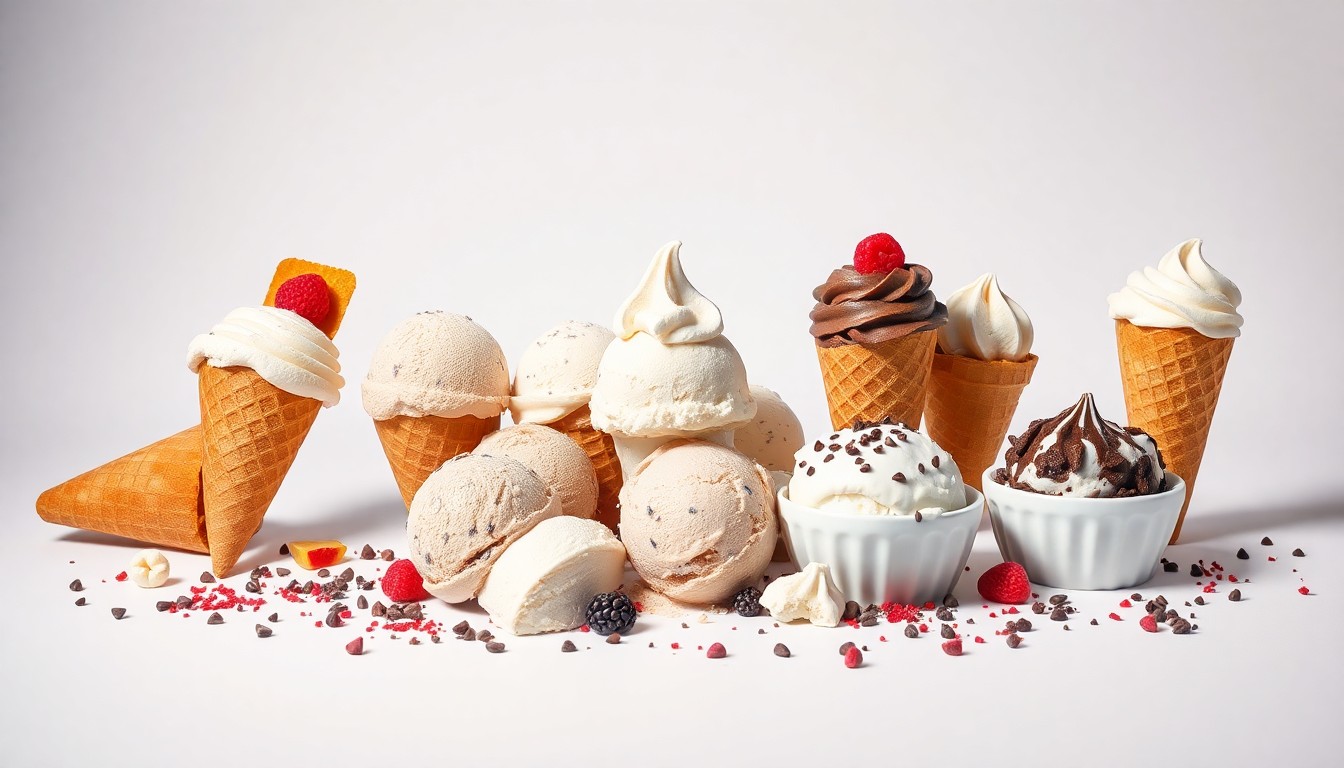 A high-end, photorealistic studio still-life photograph featuring a selection of premium, polished ice cream scoops, cones, and toppings arranged elegantly on a clean, monochromatic seamless background, conceptually representing the craftsmanship and quality of a local ice cream brand.