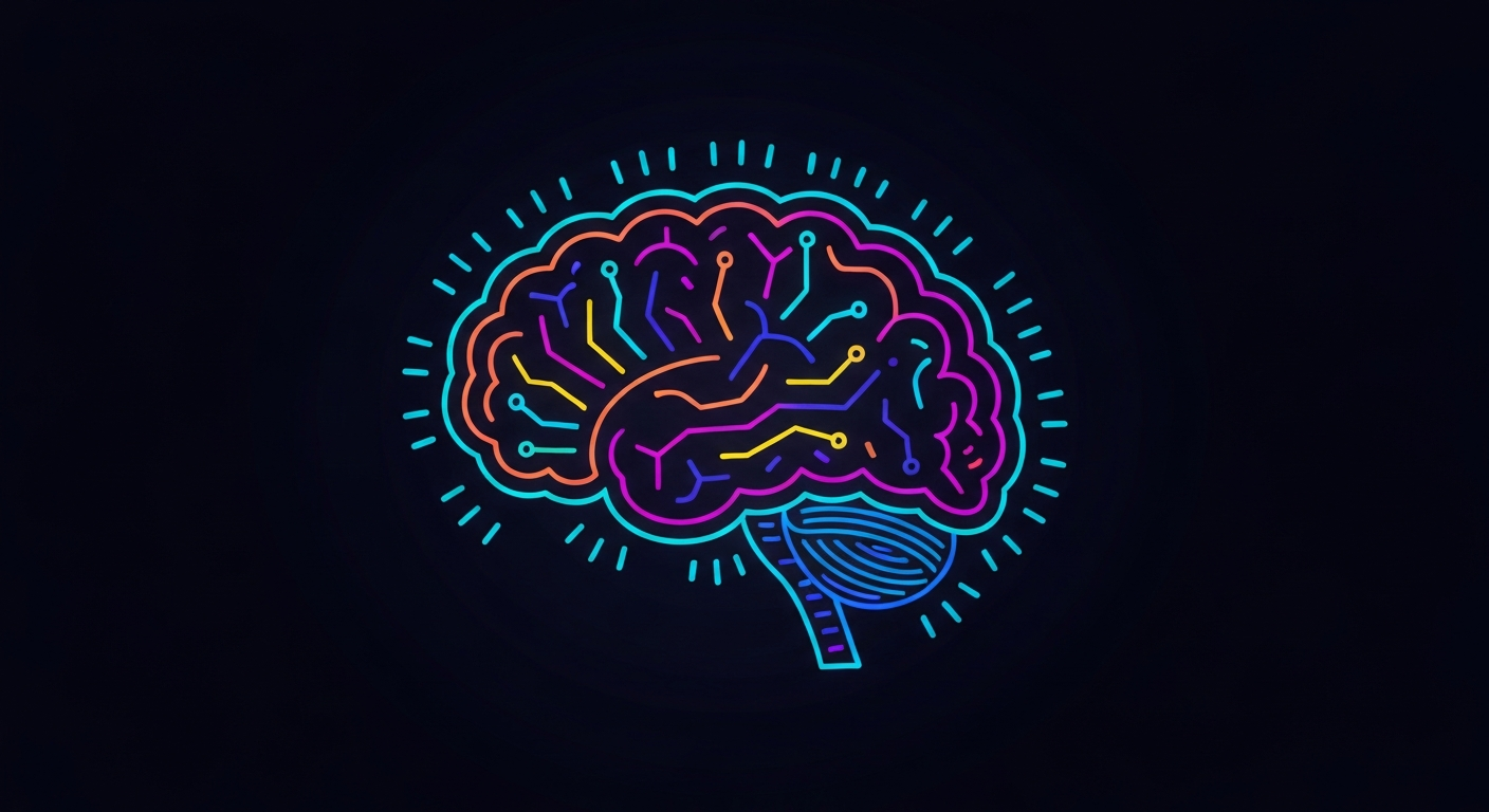 A minimalist, neon-outlined illustration of the human brain, its intricate structure and electrical activity highlighted against a dark background, conveying the brain-preserving benefits of the MIND diet.