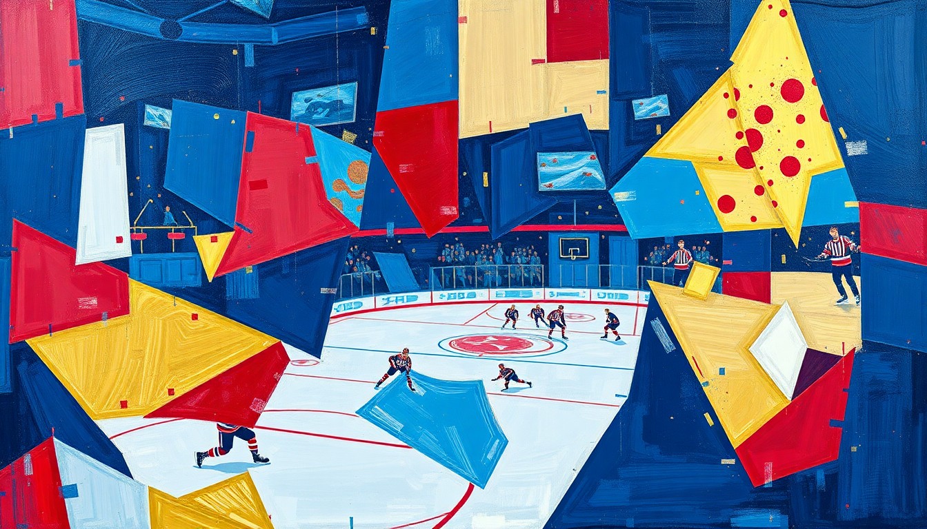A cubist, geometric painting depicting the movement and action of a hockey game, with sharp, overlapping planes of color representing the players and the flow of the game.