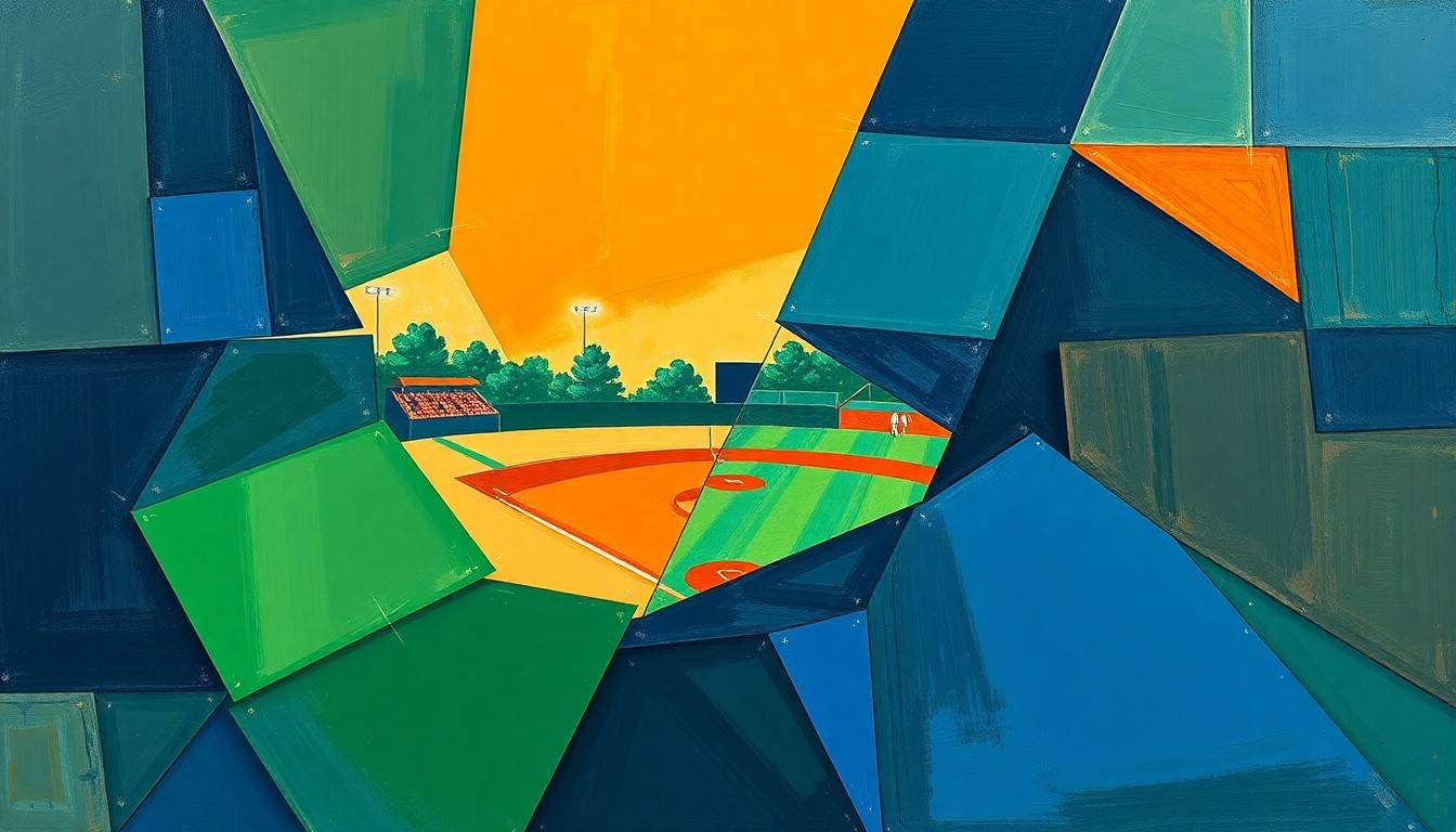 A cubist, geometric painting depicting the action and energy of a college softball game, with overlapping planes of navy, green, and orange shapes representing the players, field, and crowd.