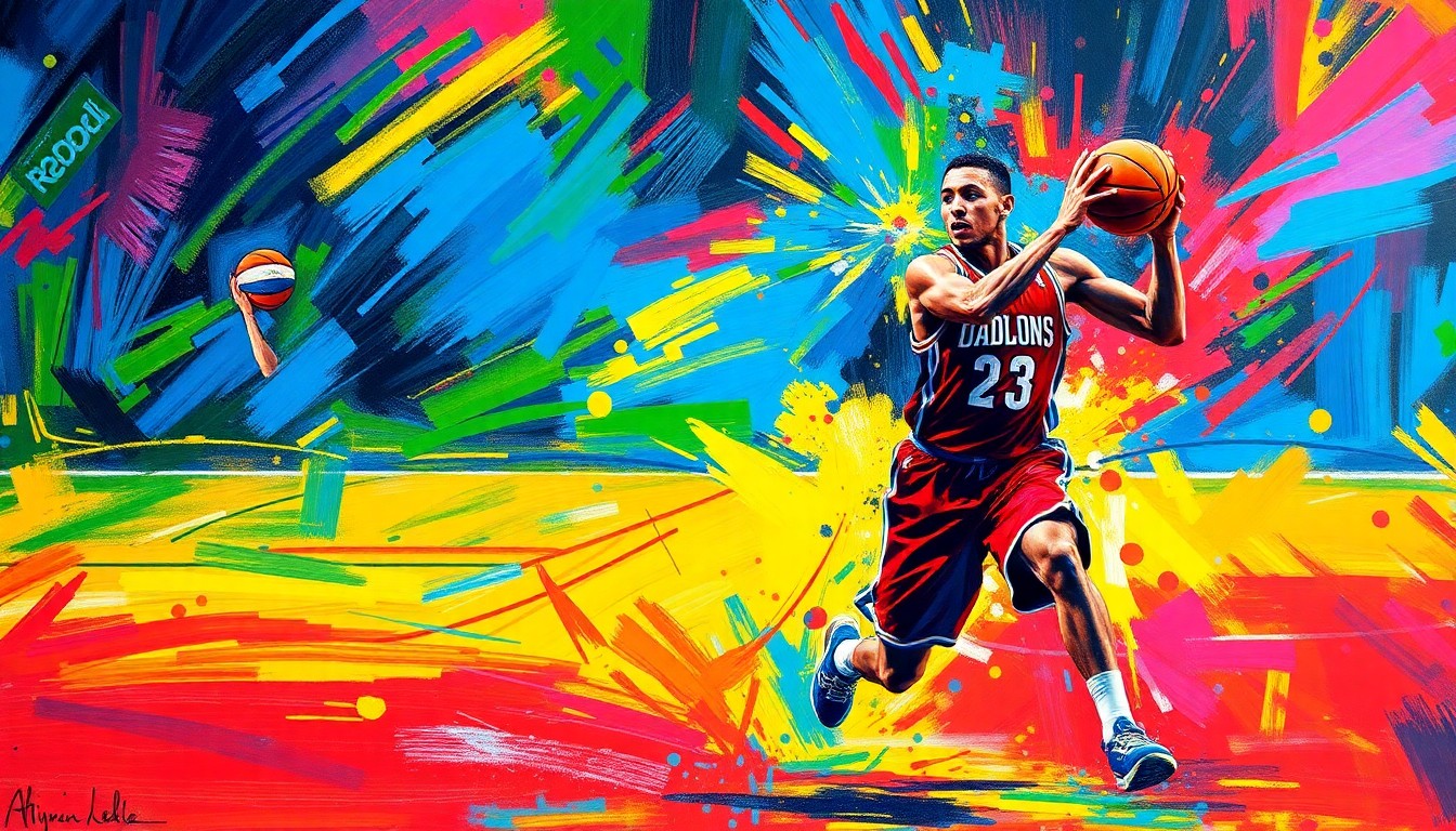 An abstract, energetic painting featuring bold, neon-colored brushstrokes that capture the dynamic movements and raw athleticism of a basketball player on the court.