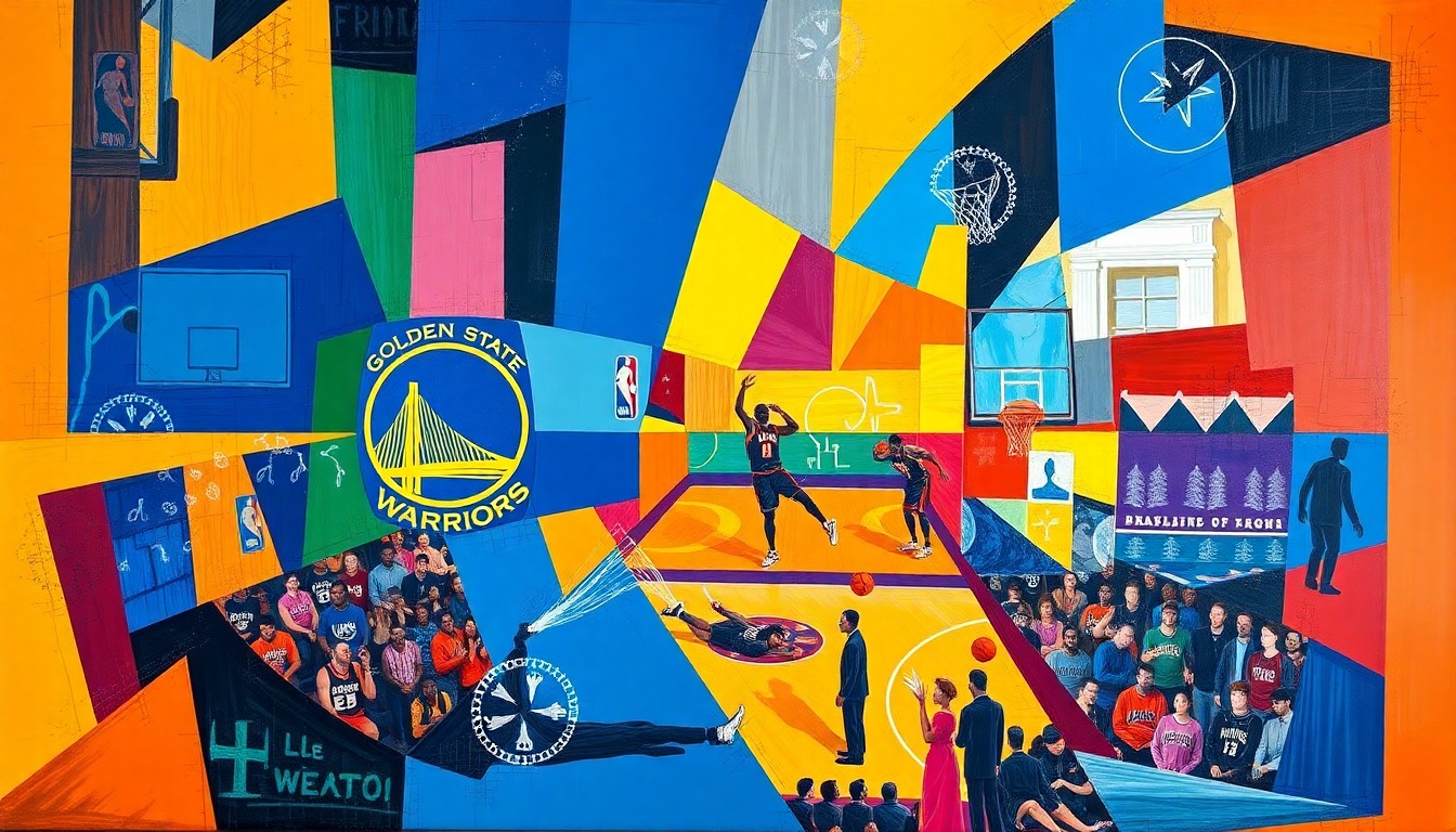 A cubist-style painting depicting an NBA basketball game in motion, with the players and court broken down into fragmented geometric shapes in the team's colors of blue, gold, purple, and white.