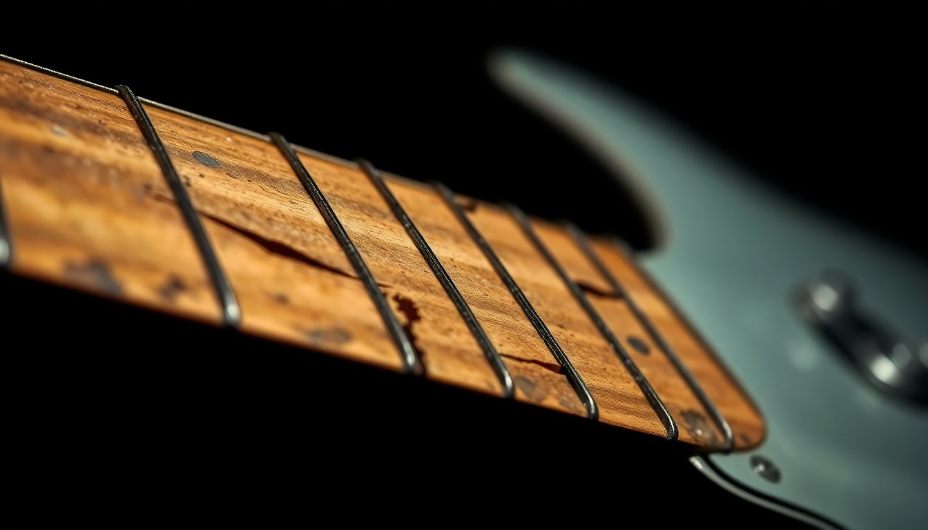 An extreme close-up photograph showcasing the cracked, weathered texture of a guitar neck, representing the musical legacy of 3 Doors Down singer Brad Arnold.