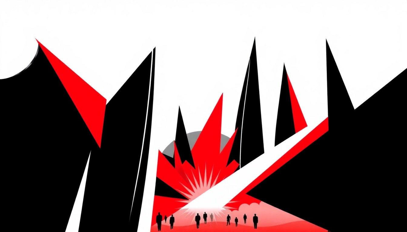An abstract composition of bold, angular black shapes against a bright red background, conceptually representing the energy and glamour of a major music festival.