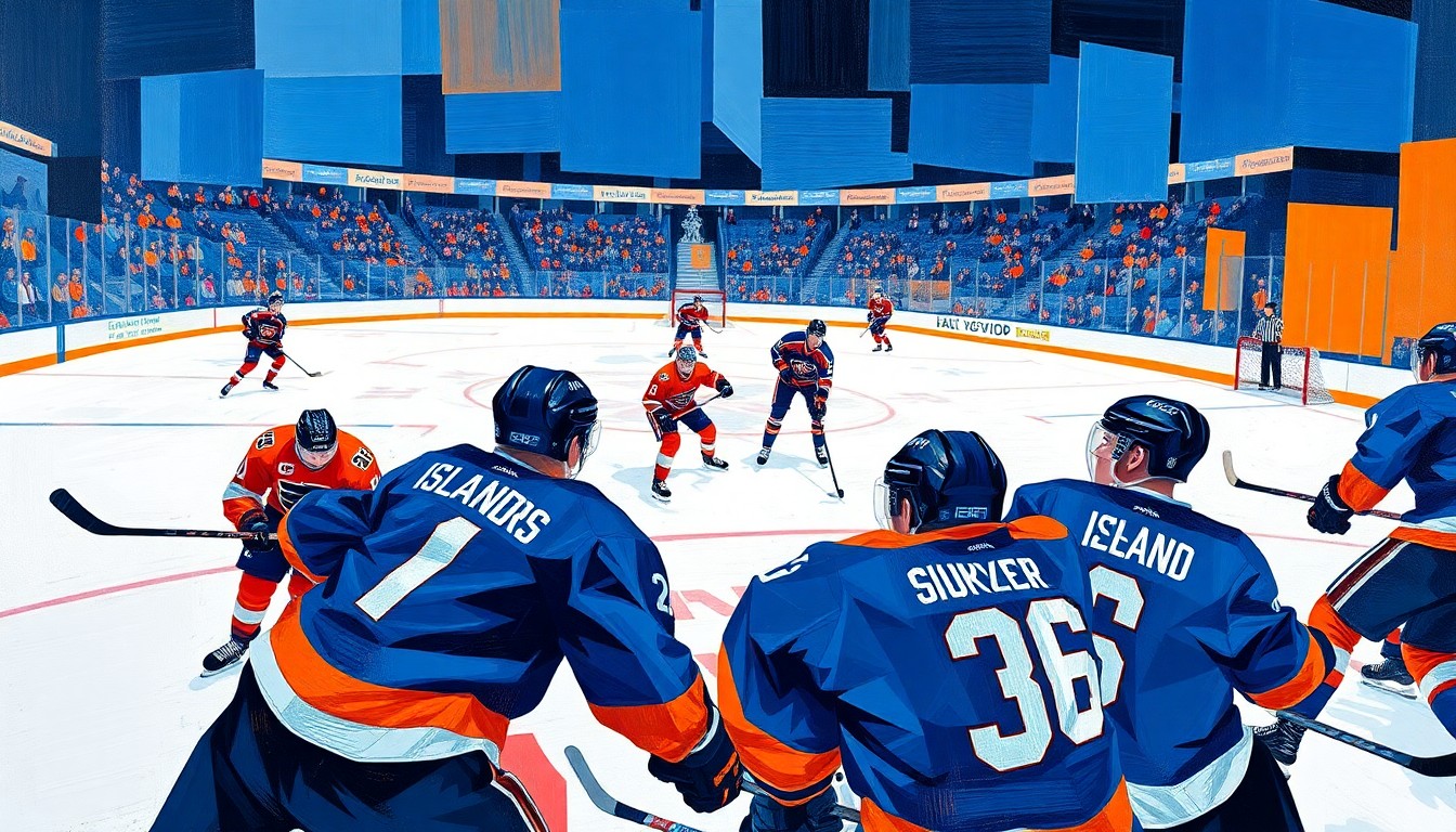 A fractured, cubist-style painting depicting a hockey game, with the players and ice rink broken down into sharp, overlapping geometric shapes in the Islanders' blue and orange colors, conveying the dynamic energy and high-stakes nature of the coaching change.