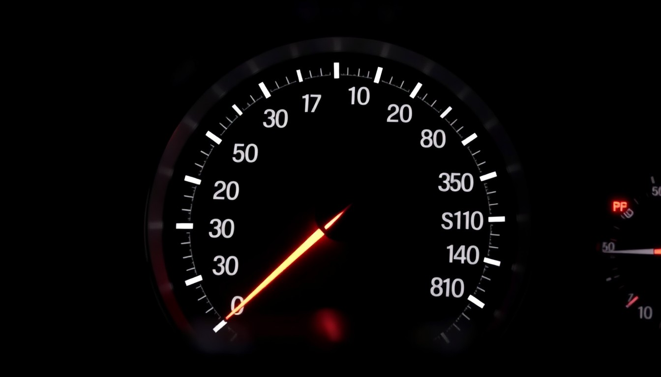 An extreme close-up photograph of a car speedometer needle pegged at a high speed, creating a stark, gritty, investigative aesthetic that conceptually illustrates the driving infractions by UGA athletes.