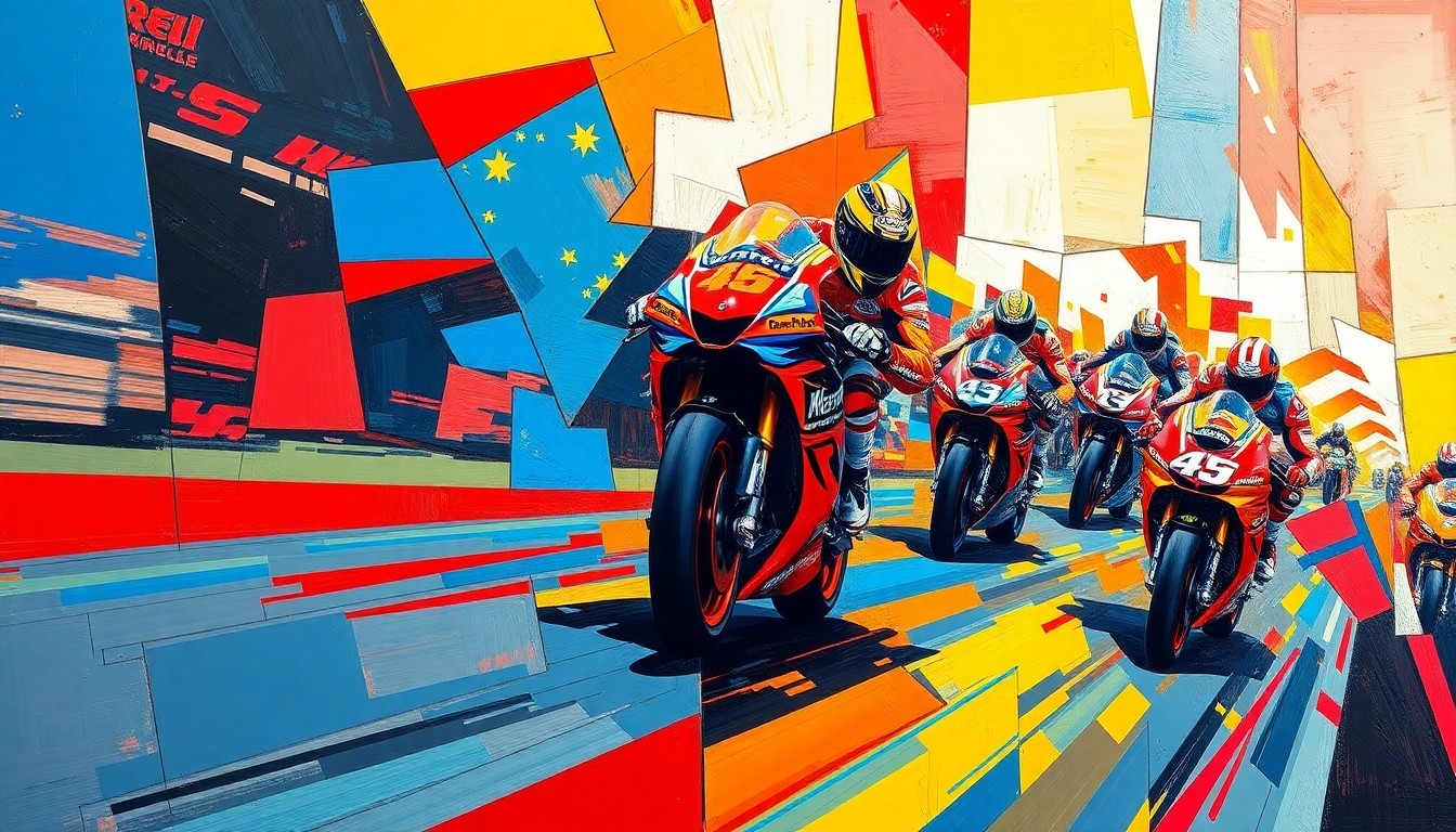 A cubist, geometric painting depicting a MotoGP race, with overlapping planes of color and motion, capturing the dynamic energy of the sport.