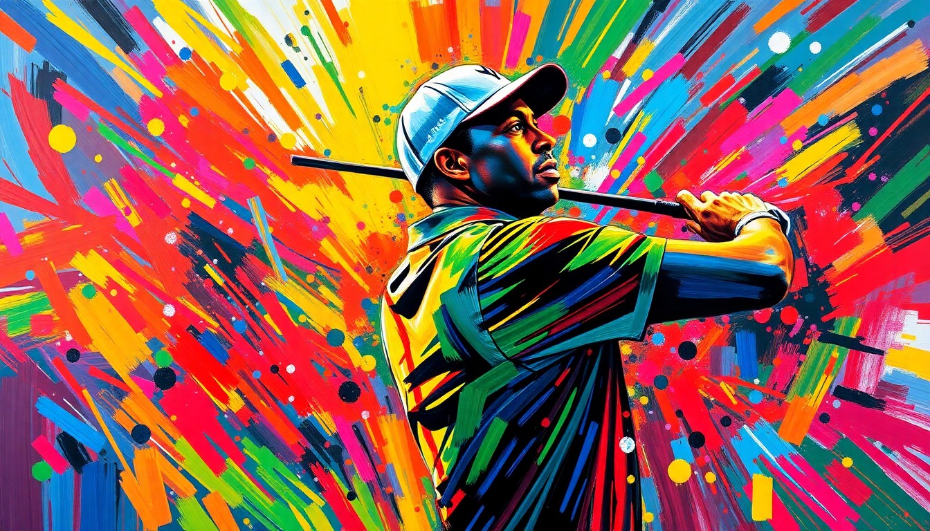 An abstract, expressionist painting in vibrant neon colors, capturing the energy and excitement of a sports celebration, with the silhouette of a golfer dissolving into a blur of movement.