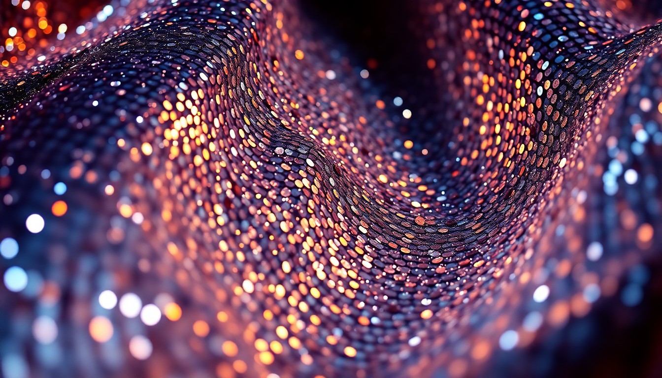 An extreme close-up of shimmering, high-contrast textures in vibrant colors, conceptually representing the glamour and excitement surrounding the upcoming animated film 'Ray Gunn'.