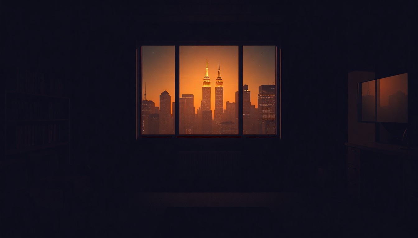 A moody, cinematic painting of a dimly lit office space with a large window overlooking a city skyline at night, capturing a contemplative, solitary mood.