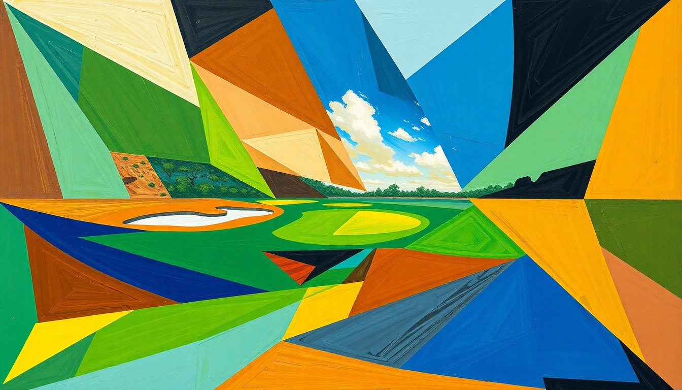A fractured, multi-perspective painting in bold, geometric shapes and vibrant colors, capturing the tension and drama of the closing holes of the Valero Texas Open golf tournament.