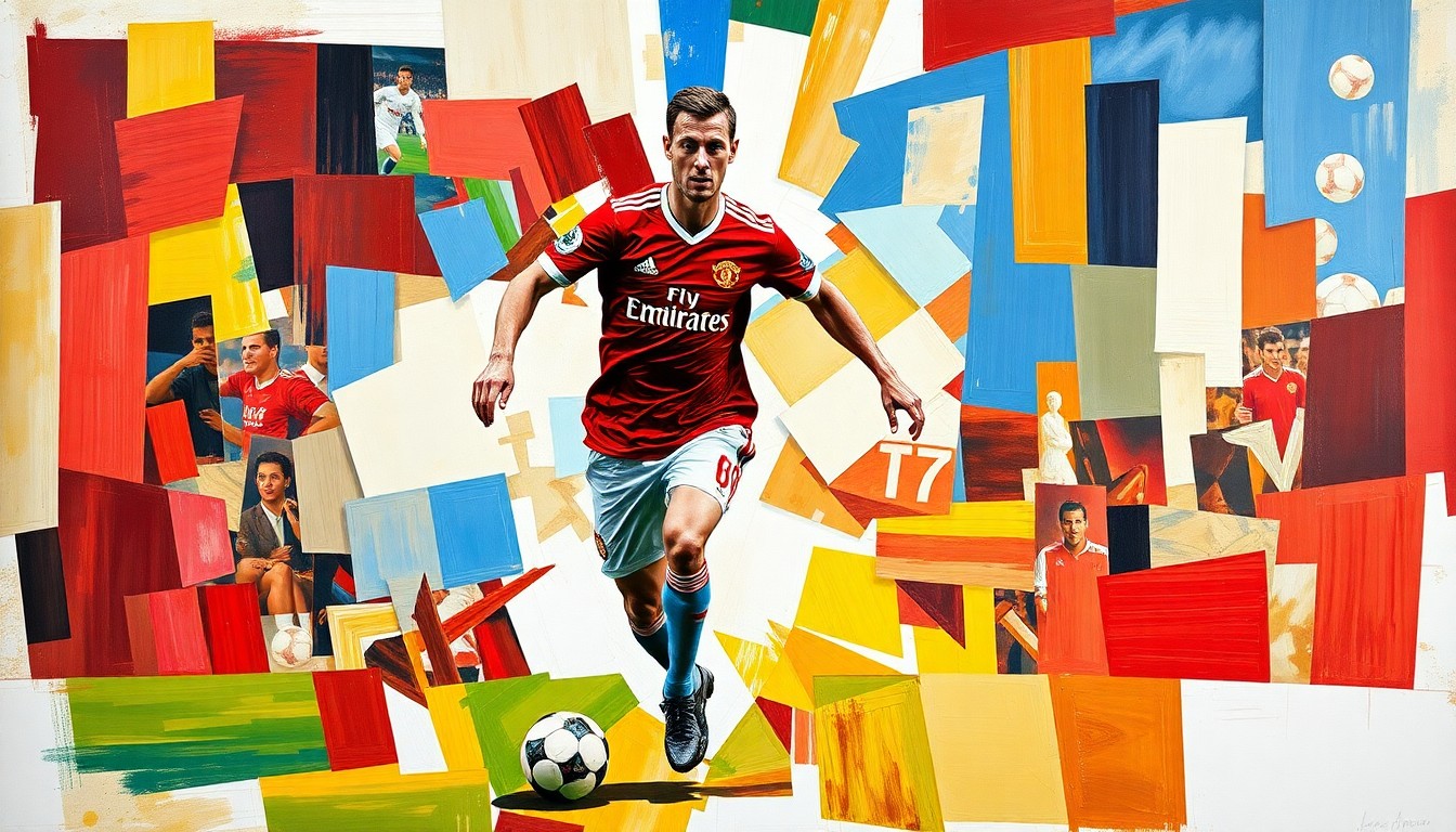 A fractured, cubist-style painting depicting a soccer player in action, with sharp geometric planes in Manchester United's colors of red and white, capturing the dynamic movement and energy of the game.