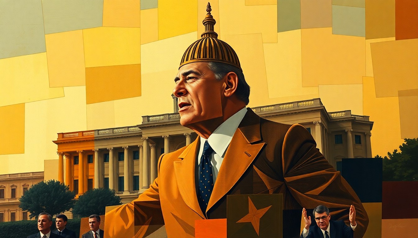 A fractured, abstract painting in warm earth tones depicting a blurred, overlapping figure or building related to politics, conveying a sense of motion and changing perspectives.