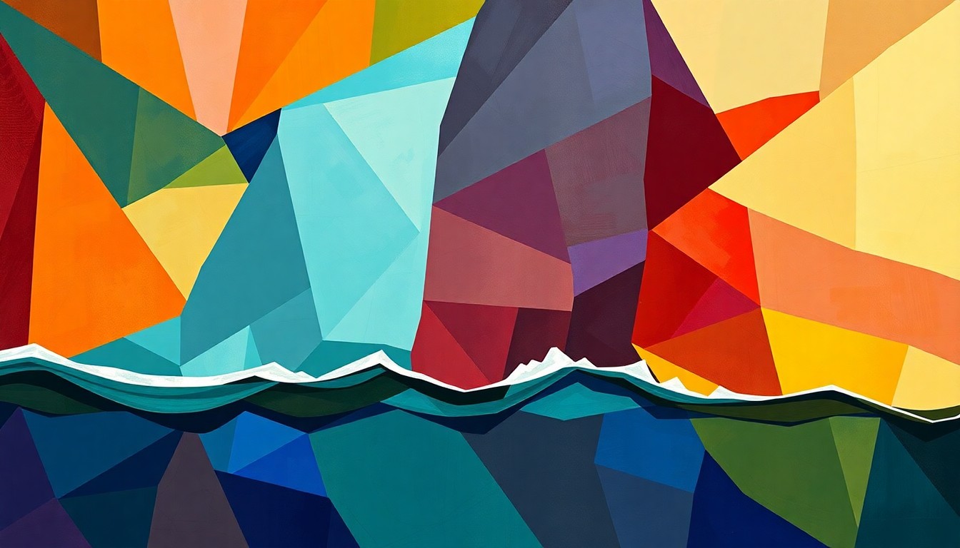 A vibrant, fractured painting depicting the Strait of Hormuz, with overlapping geometric shapes and waves of color representing the disruption to global oil supply caused by Iran's actions.