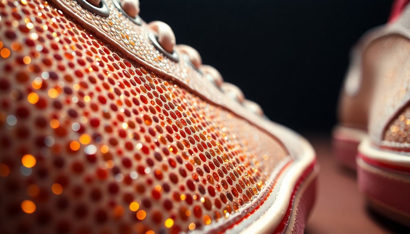 An extreme close-up of a luxurious, high-fashion sneaker texture in dramatic, high-contrast studio lighting, with the material appearing to glisten and shimmer under the dramatic lighting, conceptually representing the debate surrounding the redesign of the Dries Van Noten post-Samba sneaker.