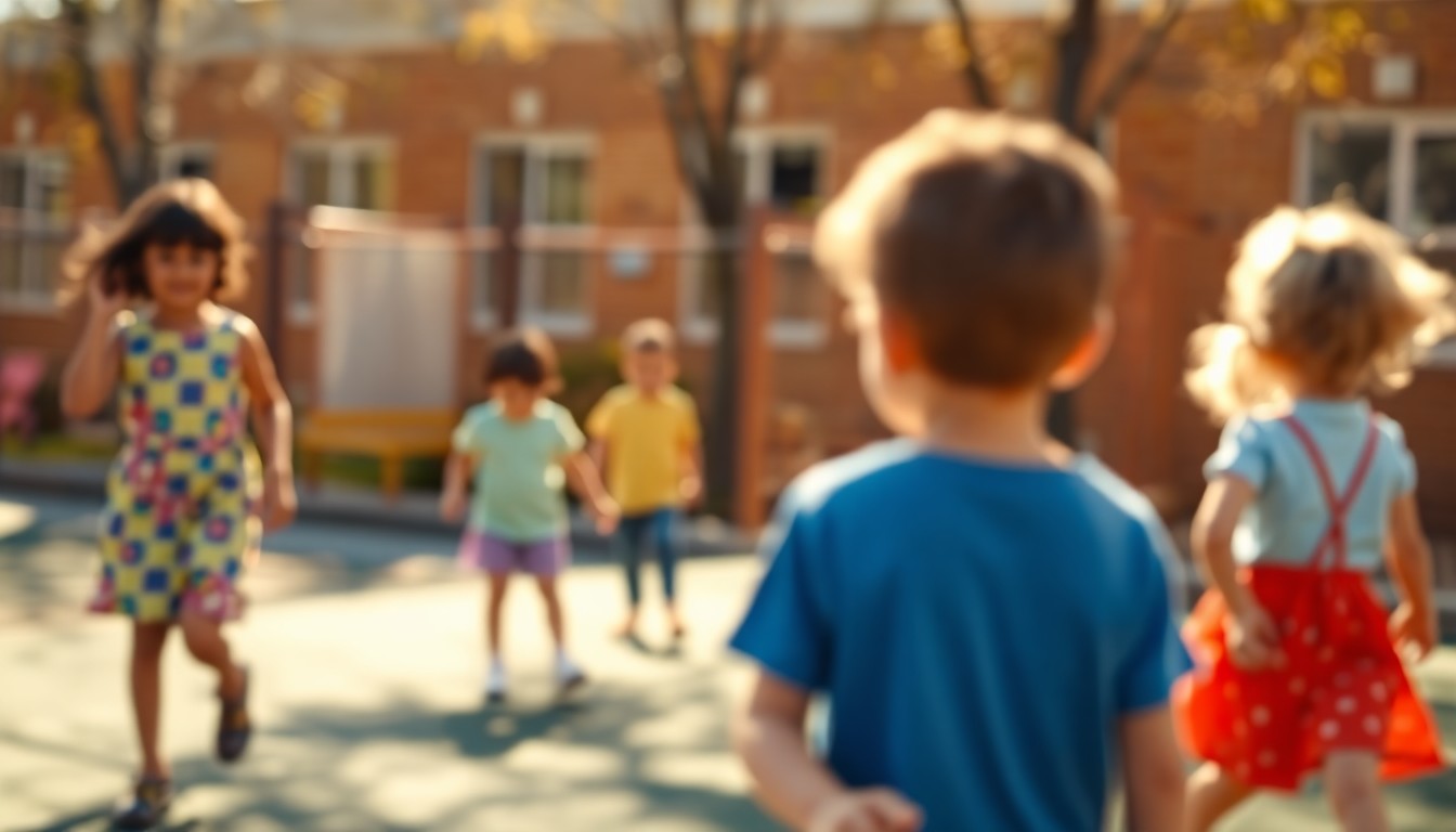 An abstract, impressionistic photograph showing the hazy silhouettes of children playing on a sunny elementary school playground, with soft, warm pools of light and color creating a sense of comfort and tranquility.