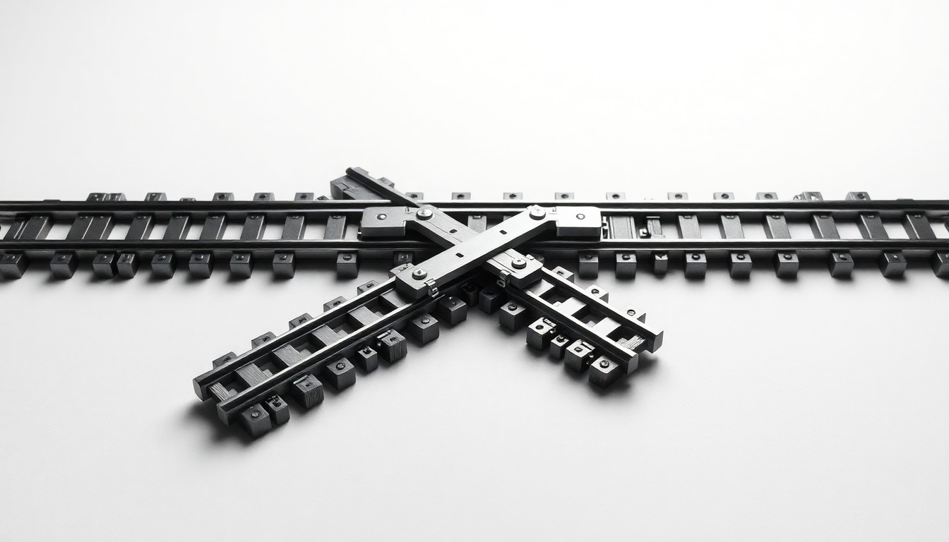 A close-up, photorealistic image of a polished, geometric metal model of a train track intersection, symbolizing the complexity and importance of the Cross River Rail project. The model is placed on a clean, monochromatic background, using dramatic studio lighting to convey the gravity of the situation.