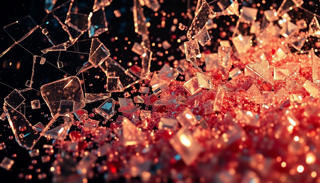 An extreme close-up of shattered glass and glittering sequins, captured in dramatic, high-contrast studio lighting, conceptually representing the glamour and excess of celebrity real estate disputes.