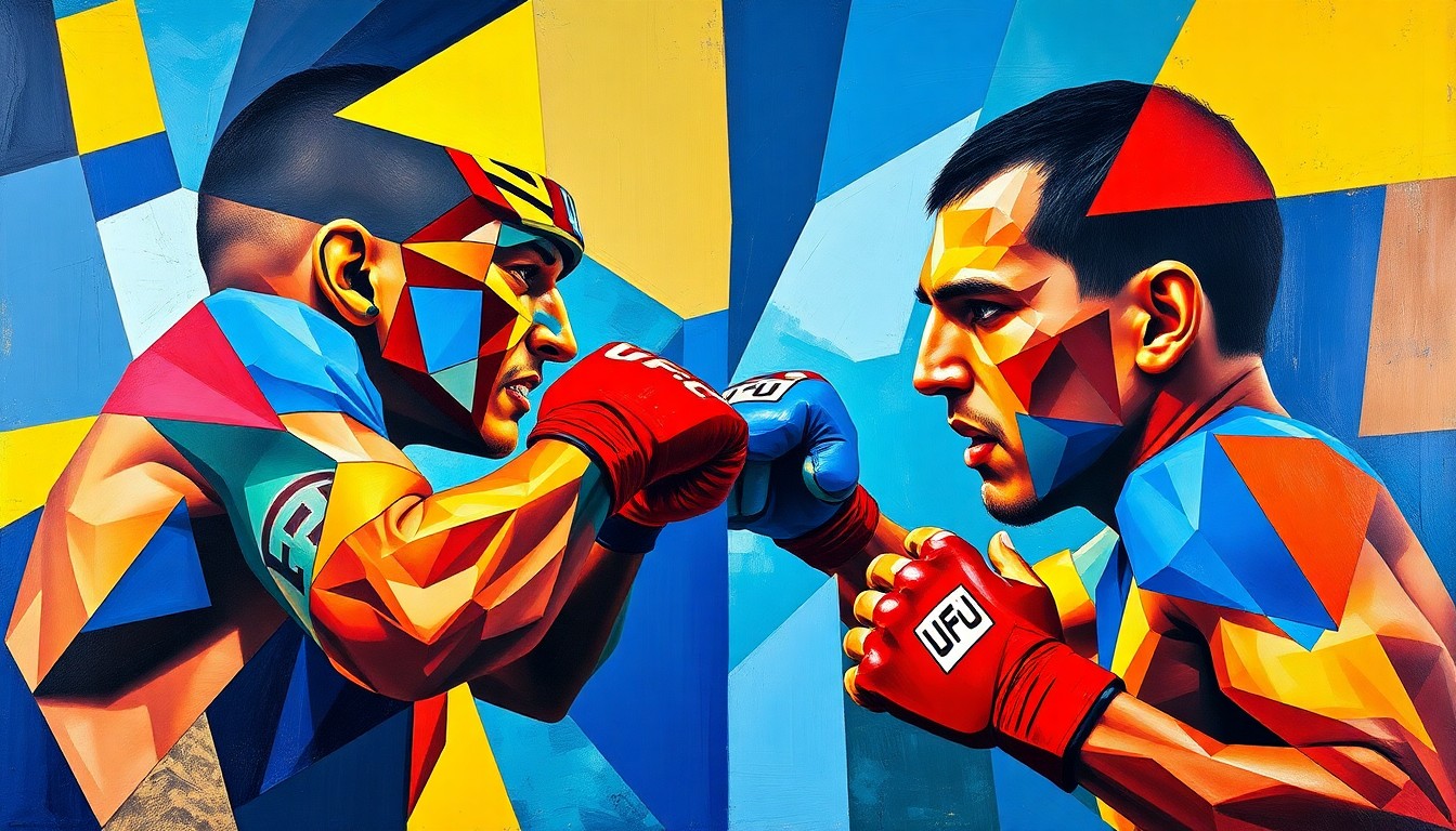 A cubist, geometric painting depicting a UFC featherweight fight, with overlapping planes of vibrant blues, reds, and yellows capturing the intensity of the action.