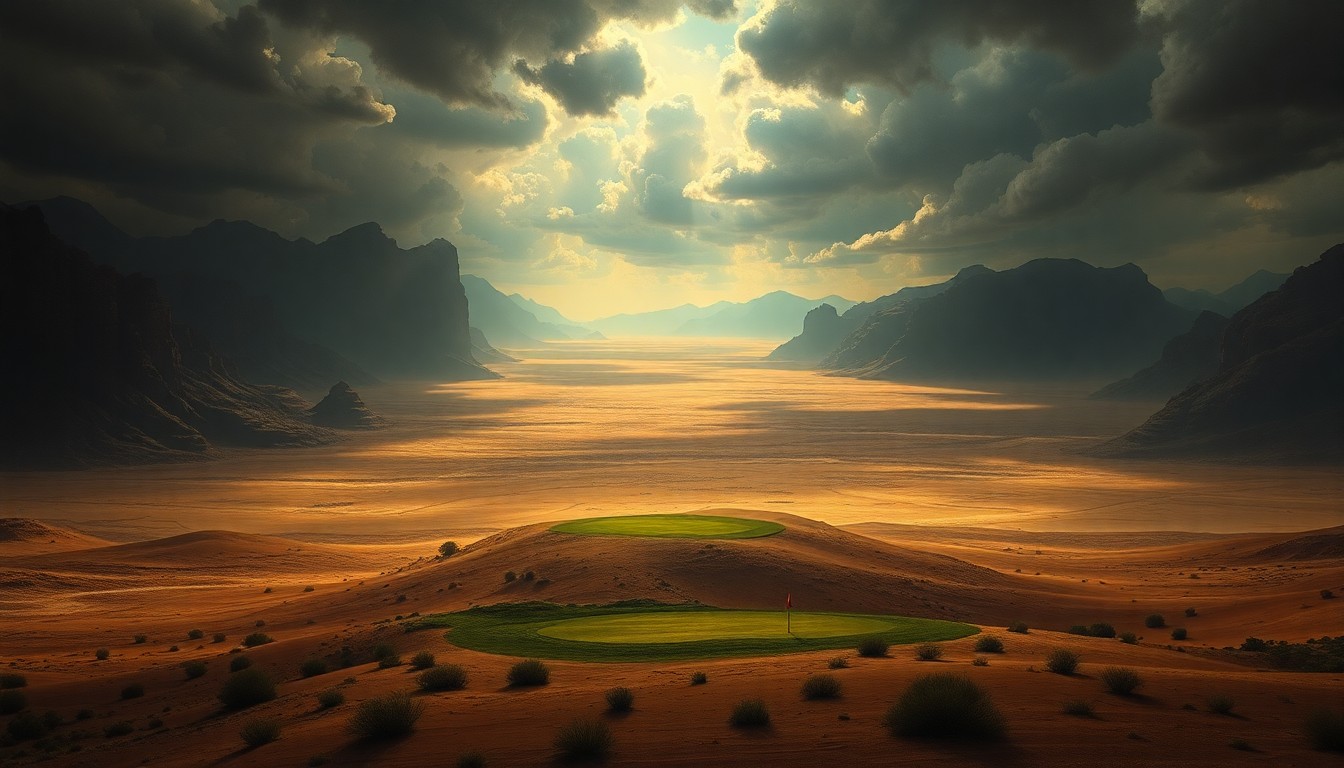 A vast, atmospheric landscape painting depicting a lone, parched golf course fairway dwarfed by an expansive, arid expanse, conveying the overwhelming scale of drought and the tension between human desire and environmental necessity.