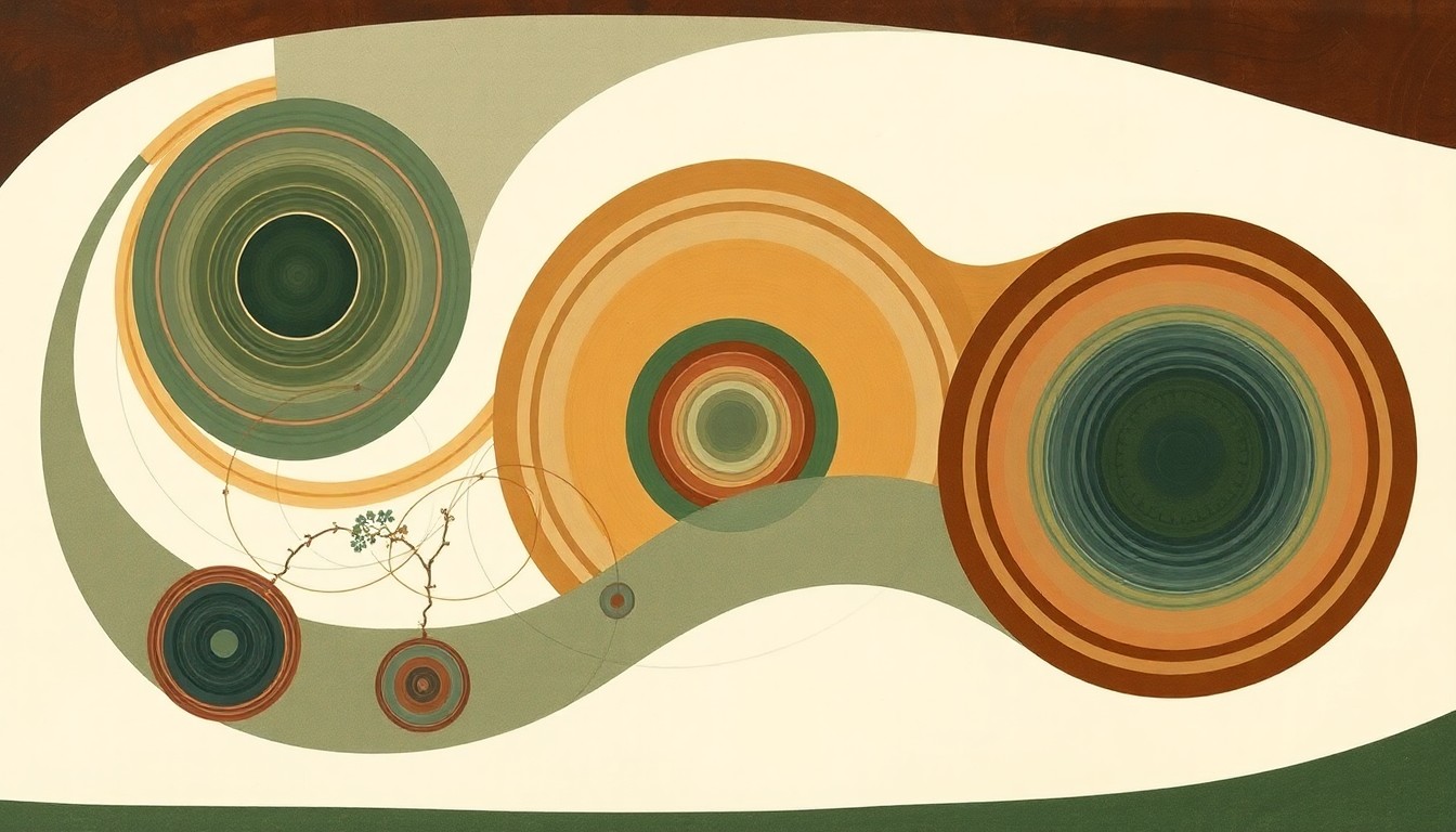A highly textured, geometric abstract painting in earthy greens, browns, and blues, depicting the interconnected natural systems of a healthy forest ecosystem, conveying the structural order and cycles of a thriving maple forest through sweeping arcs, concentric circles, and precise botanical spirals.