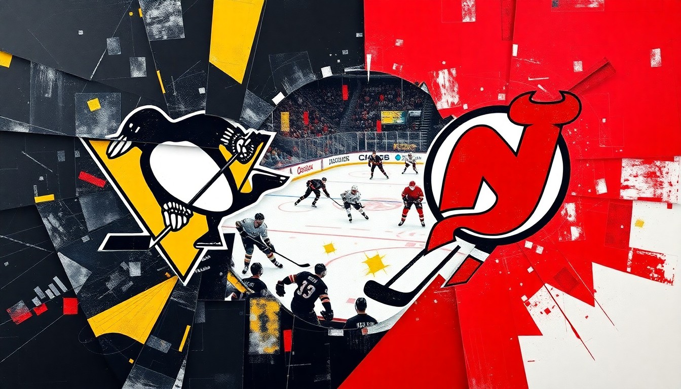 A cubist, geometric painting depicting a hockey game with overlapping planes of black, gold, red, and black, representing the Pittsburgh Penguins and New Jersey Devils in action.