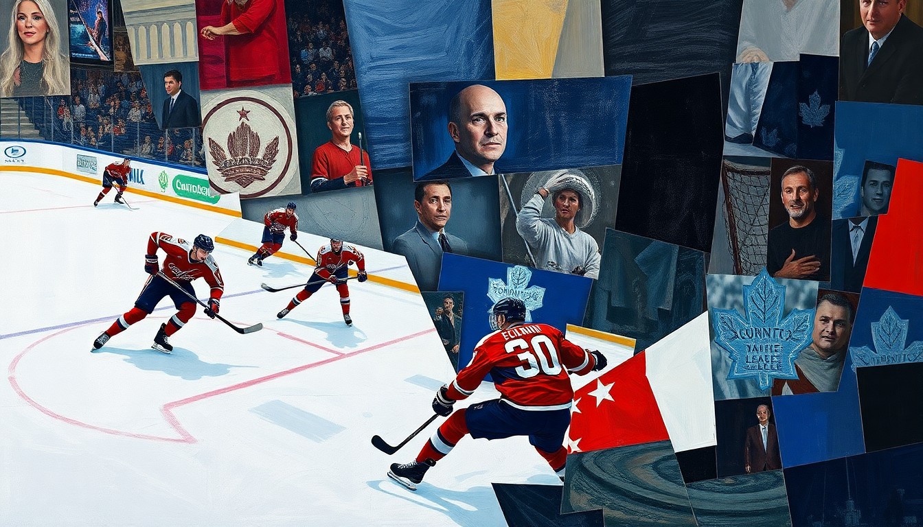 A cubist, fragmented painting depicting a hockey game between the Washington Capitals and Toronto Maple Leafs, with the players' movements and the intensity of the game expressed through the overlapping geometric planes.