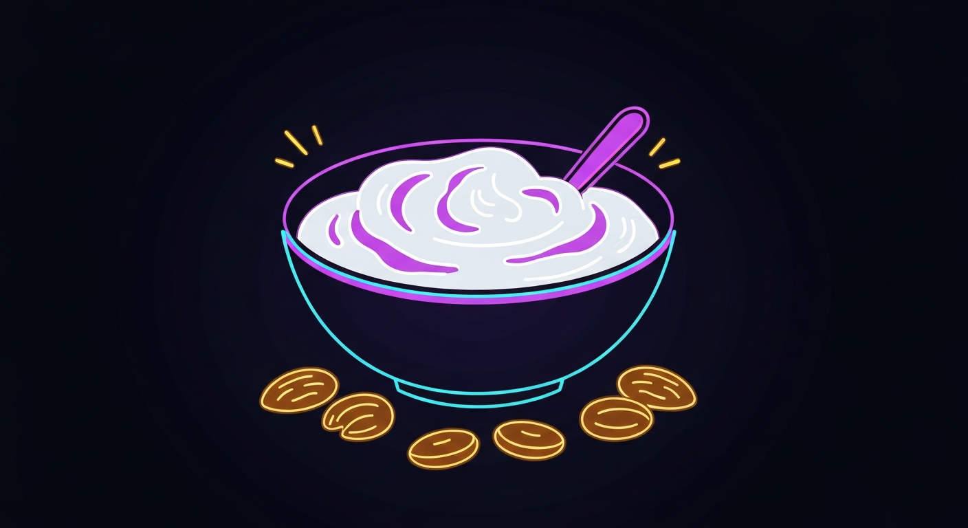 An extreme close-up of a bowl filled with a high-protein snack like Greek yogurt or cottage cheese, defined by glowing neon lines against a dark background, conveying the energy and simplicity of healthy eating.