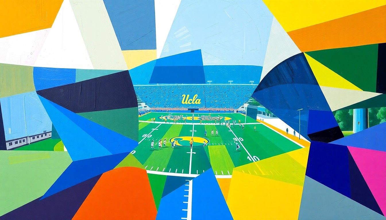 A fractured, multi-perspective painting in the style of Pablo Picasso, breaking down a UCLA football practice into sharp, overlapping geometric planes of vibrant colors representing the team's players and their movements.