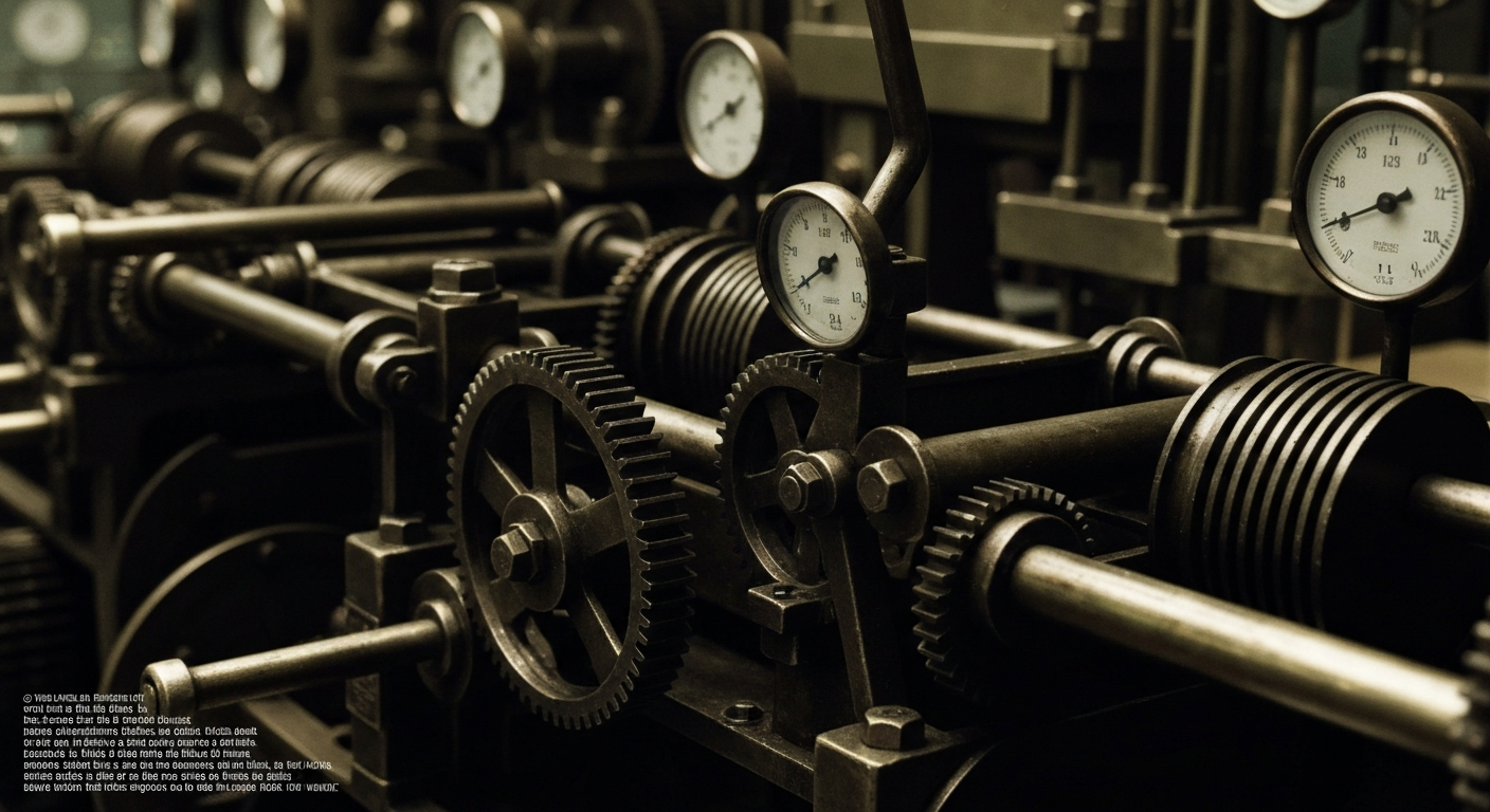 An extreme close-up of the intricate, industrial mechanisms that power the financial system, conveying a sense of the complex infrastructure underlying economic data and monetary policy.