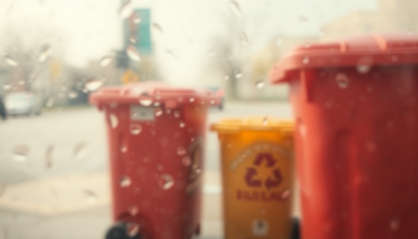 An abstract, impressionistic scene of blurred, colorful shapes representing recycling bins and community engagement, conveying the mood and concept of the recycling service delay in Roanoke.