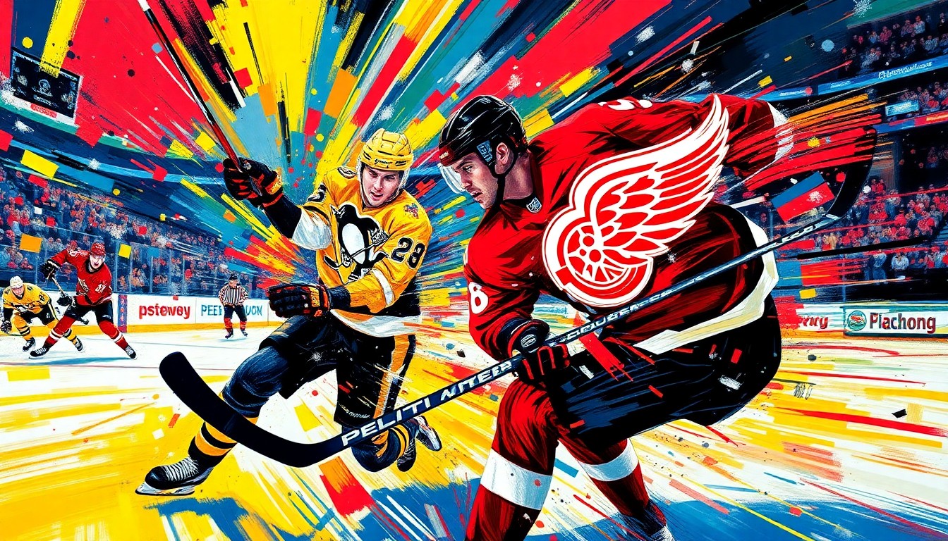 A vibrant, expressionist painting depicting the fast-paced action and energy of a hockey game, with players' movements and the puck blending into a colorful, neon-infused abstract composition.