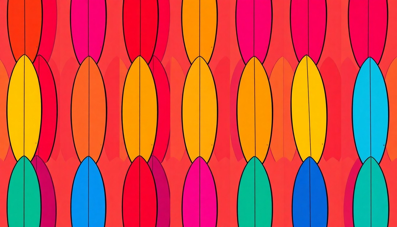 A brightly colored, high-contrast silkscreen print of a surfboard repeated in a tight grid pattern, capturing the essence of the surf-focused residential community in a modern pop art style.