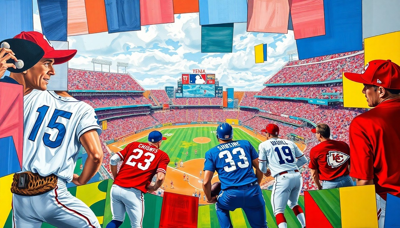 A cubist, geometric painting depicting a fragmented baseball stadium and game action, using the vibrant colors of the Kansas City Royals and Chiefs uniforms to represent the city's competitive spirit.