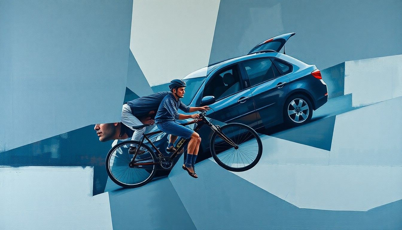 A cubist-style painting featuring fragmented, overlapping geometric shapes in shades of blue, gray, and red, representing the collision that left a cyclist severely injured.