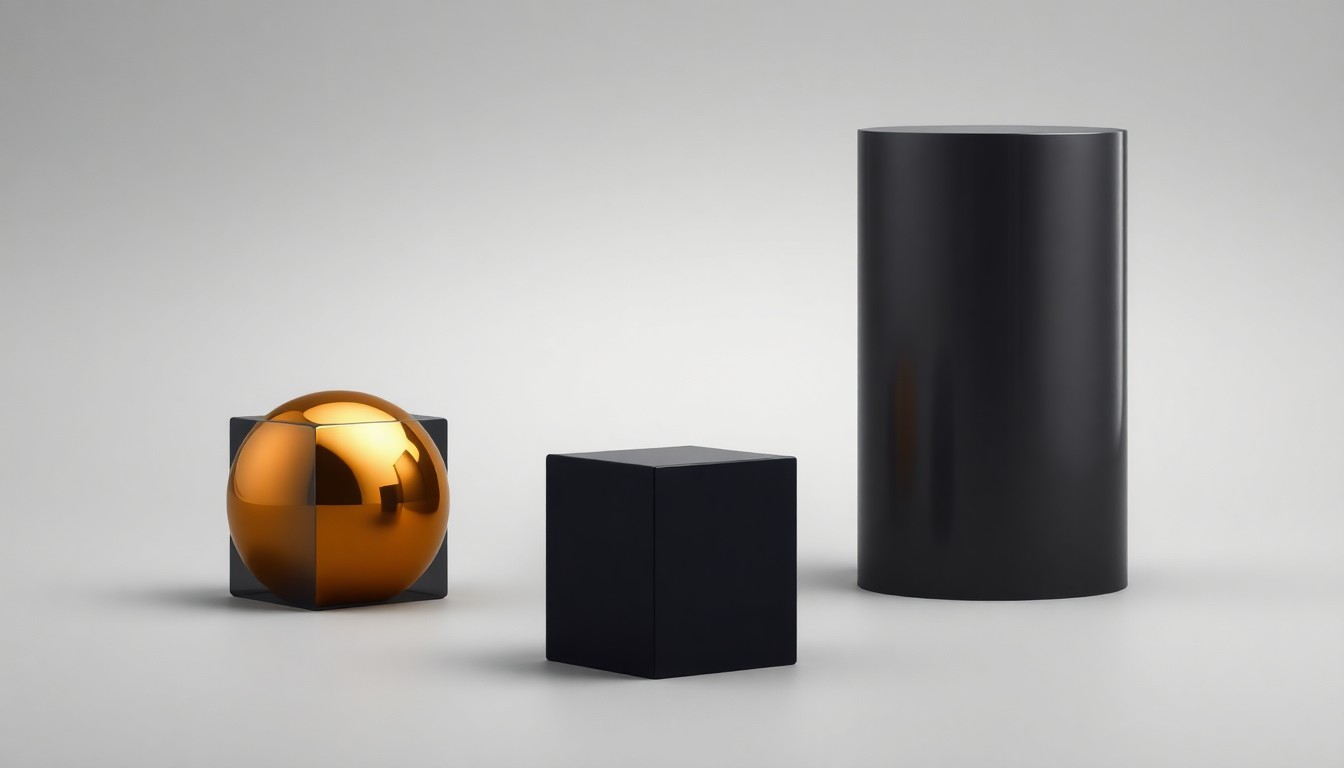 A high-end, photorealistic studio still-life photograph featuring a polished, golden-colored metal sphere, a sleek black cube, and a smooth, silver-colored cylinder arranged elegantly on a clean, monochromatic grey seamless background. The objects are lit dramatically with sharp, contrasty studio lighting, conceptually representing the abstract concepts of market volatility, risk, and uncertainty in the Australian financial sector.