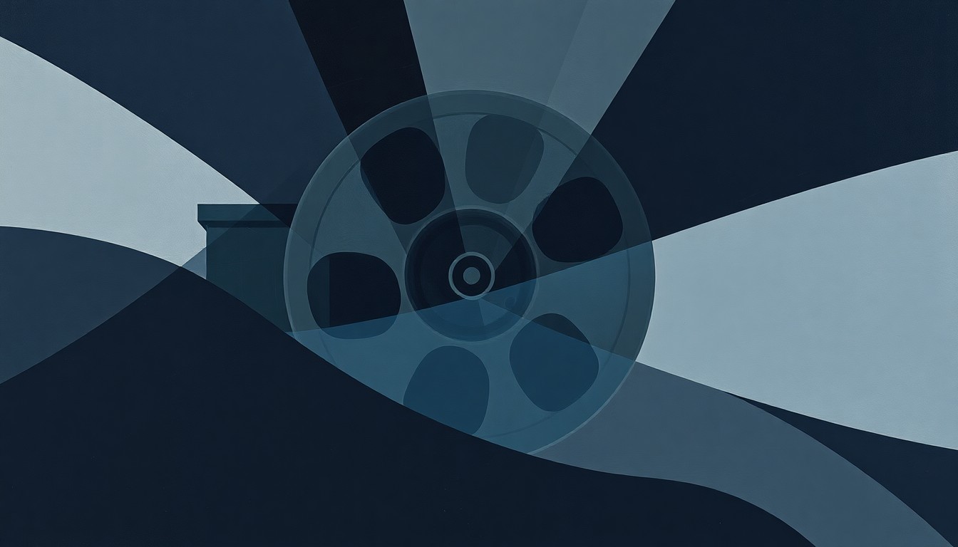 An abstract, fragmented painting depicting a film reel or movie camera in overlapping, geometric shapes and waves of dark grey and navy blue, conveying a sense of disruption and investigation.