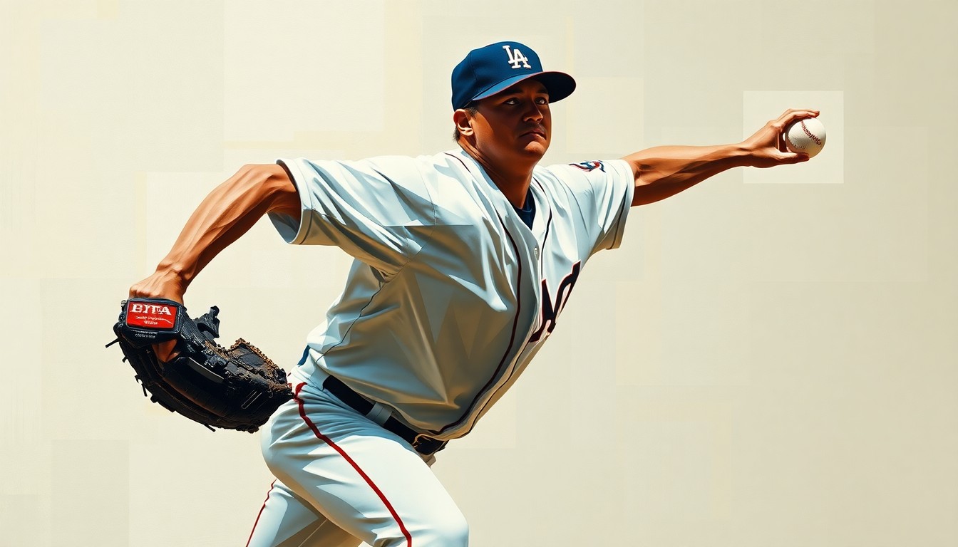 A cubist-style painting depicting a baseball pitcher's motion broken down into sharp, overlapping geometric planes, with the player's face obscured to focus on the dynamic movement of the body.
