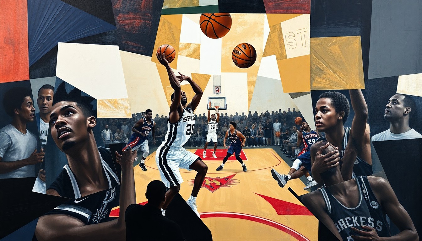 A fractured, cubist-style painting depicting a basketball game between the San Antonio Spurs and another Western Conference team. The players' forms are broken down into sharp, overlapping geometric shapes and planes, creating a dynamic, multi-perspective visual representation of the game's action.