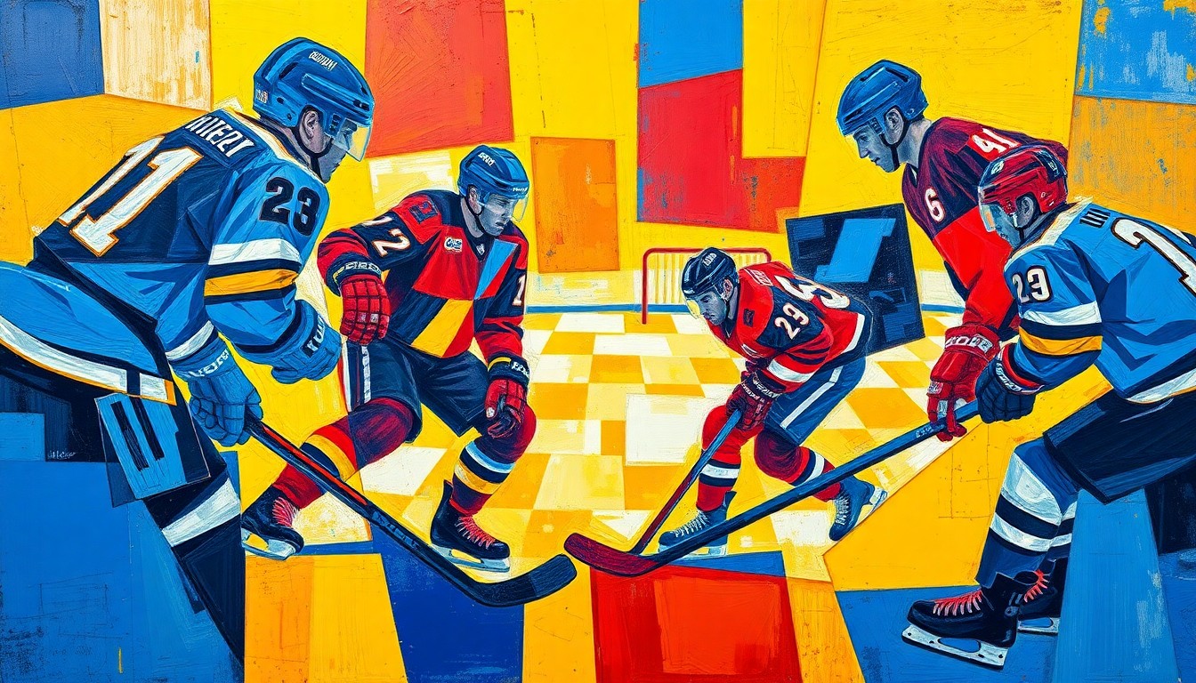 A cubist, geometric painting depicting fragmented hockey players and game action, using bold colors and sharp, overlapping shapes to convey the dynamic nature of the sport and the challenges teams face due to player injuries.