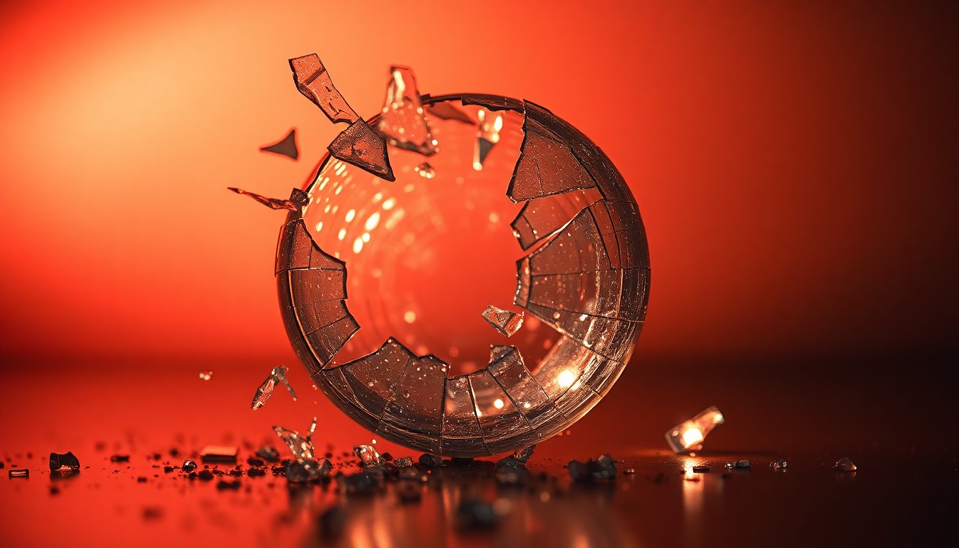 An abstract close-up image of shattered glass reflecting a soft, warm light, conceptually representing the fragility and emotional turmoil of a relationship ending.