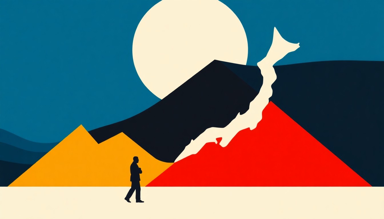 A minimalist illustration featuring overlapping triangles and circles in shades of blue, yellow, and red, conceptually representing the complex interplay of monetary and fiscal policies in Japan's economy.