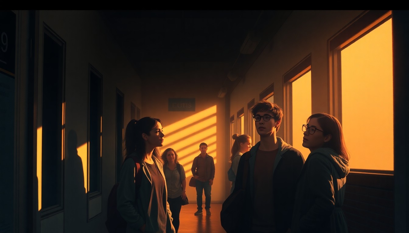 A cinematic painting of a group of students gathered in a dimly lit university hallway, their faces illuminated by warm, diagonal sunlight, conveying a sense of concern and determination as they discuss ways to protect their community from immigration enforcement.